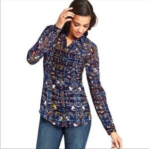 CAbi Blouse Style 129 Festival Print Semi Sheer Grey Button Down Womens Medium